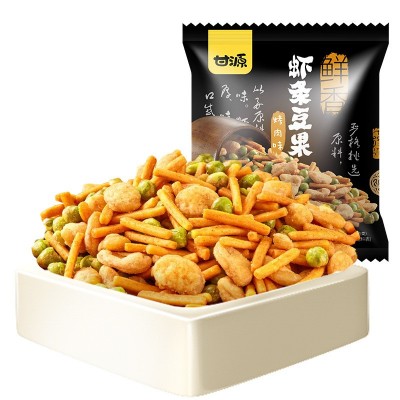 甘源鲜虾味/烤肉味虾条豆果坚果炒货休闲办公室吃货零食小吃285g